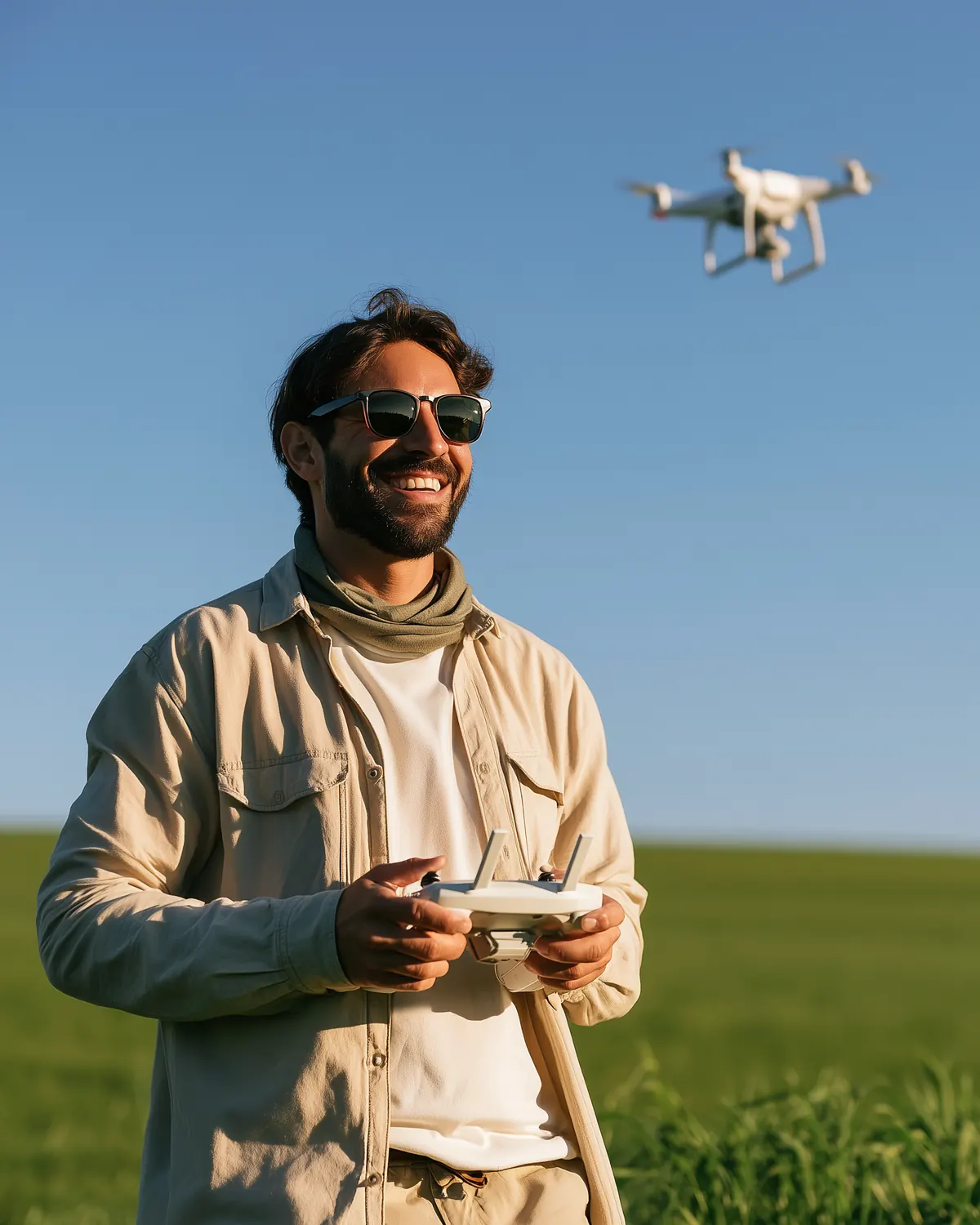 A smiling drone pilot in sunglasses holds a controller in a green field while a white quadcopter flies overhead.